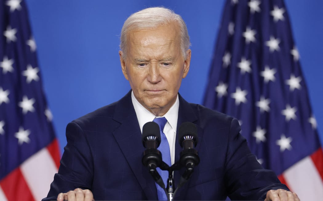 US President Joe Biden holds news conference at the 2024 NATO Summit on July 11, 2024 in Washington, DC. NATO leaders convene in Washington this week for the annual summit to discuss future strategies and commitments and mark the 75th anniversary of the alliance’s founding.