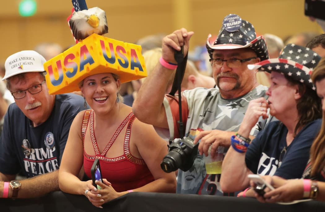 Supporters wait for the start of a campaign rally with Republican presidential nominee Donald Trump at the KI Convention Center on October 17, 2016 in Green Bay, Wisconsin.