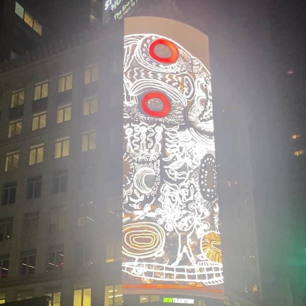Hei Tiki - for the love of our ancestors painting on a digital billboard in Manhattan