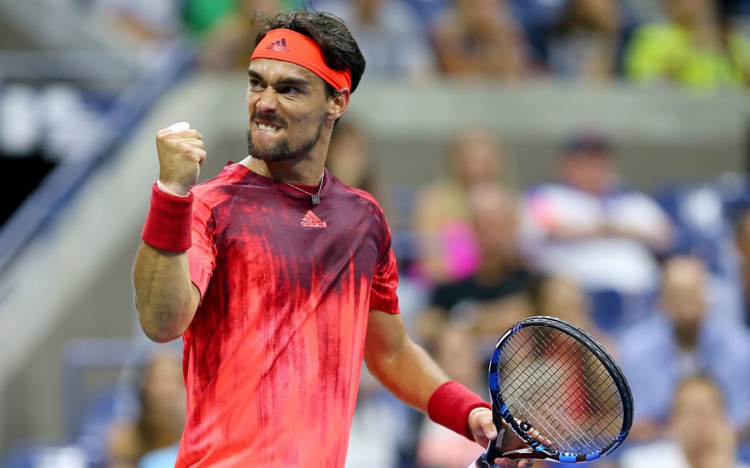 NEW YORK, NY - SEPTEMBER 04: Fabio Fognini of Italy celebrates a point in the fifth set against Rafael Nadal of Spain on Day Five of the 2015 US Open at the USTA Billie Jean King National Tennis Center on September 4, 2015 in New York City. Elsa/Getty Images/AFP