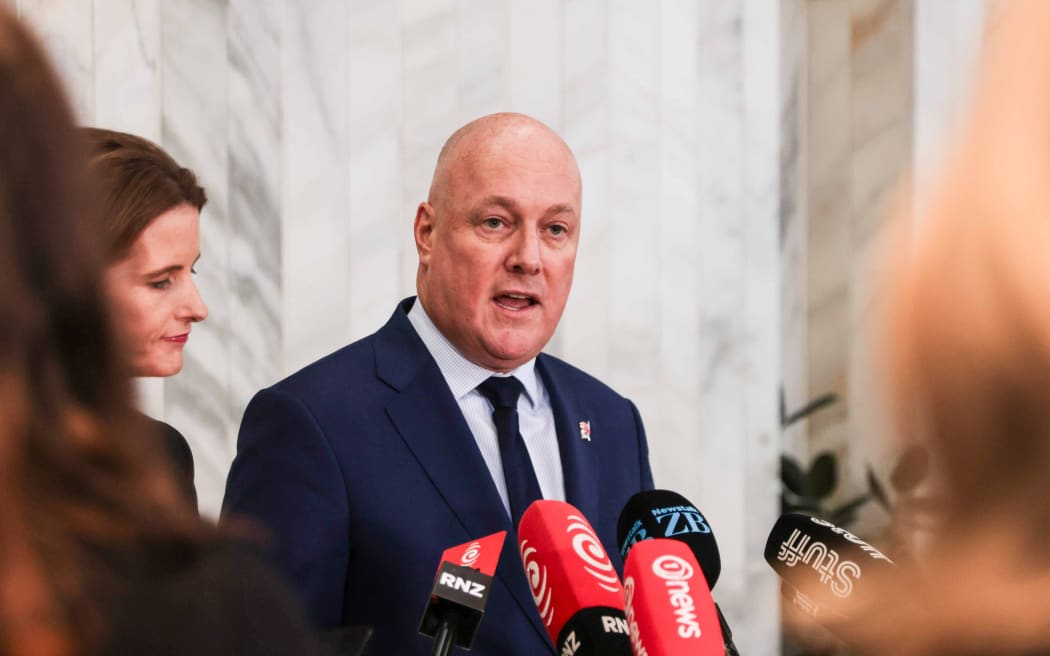 Prime Minister Christopher Luxon speaks after surviving caucus meeting.