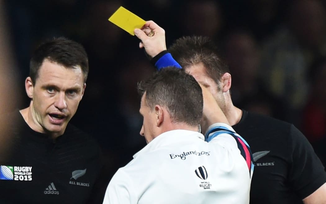 Ben Smith is yellow-carded by Nigel Owens during 2015 Rugby World cup final.