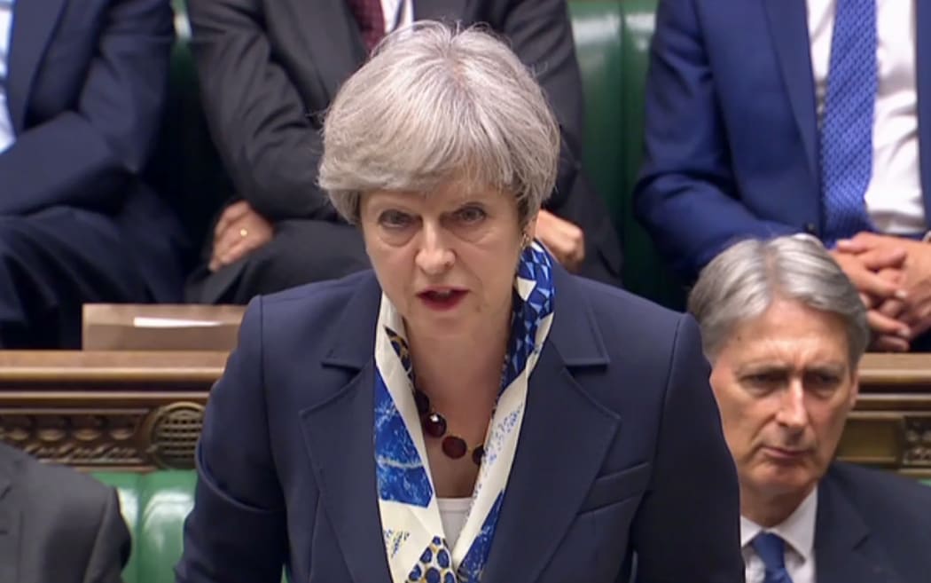 Britain's Prime Minister Theresa May speaks in the House of Commons  following the State Opening Of Parliament.