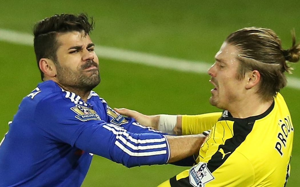 Diego Costa of Chelsea and Sebastian Prodl of Watford.