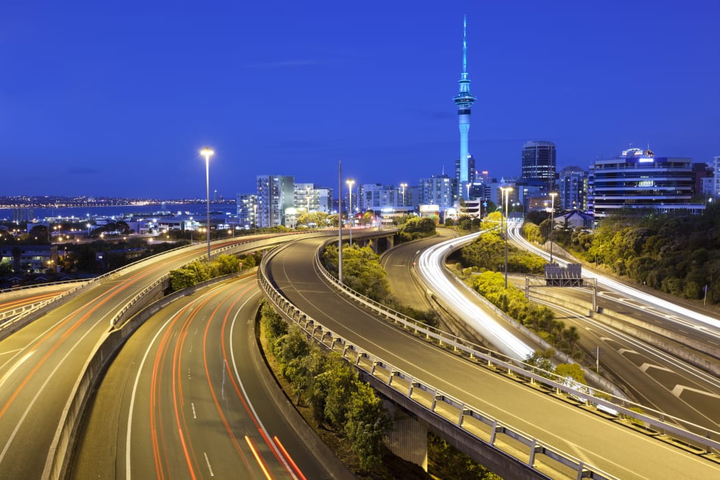 Auckland's Sky Tower and Southern Motorway viewed from Hopetoun Street.