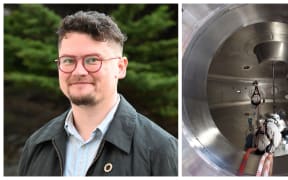 Head shot of young  CEO Ratu Mataira and 3 scientists in boiler suits, googles and headgear inside stainless steel container