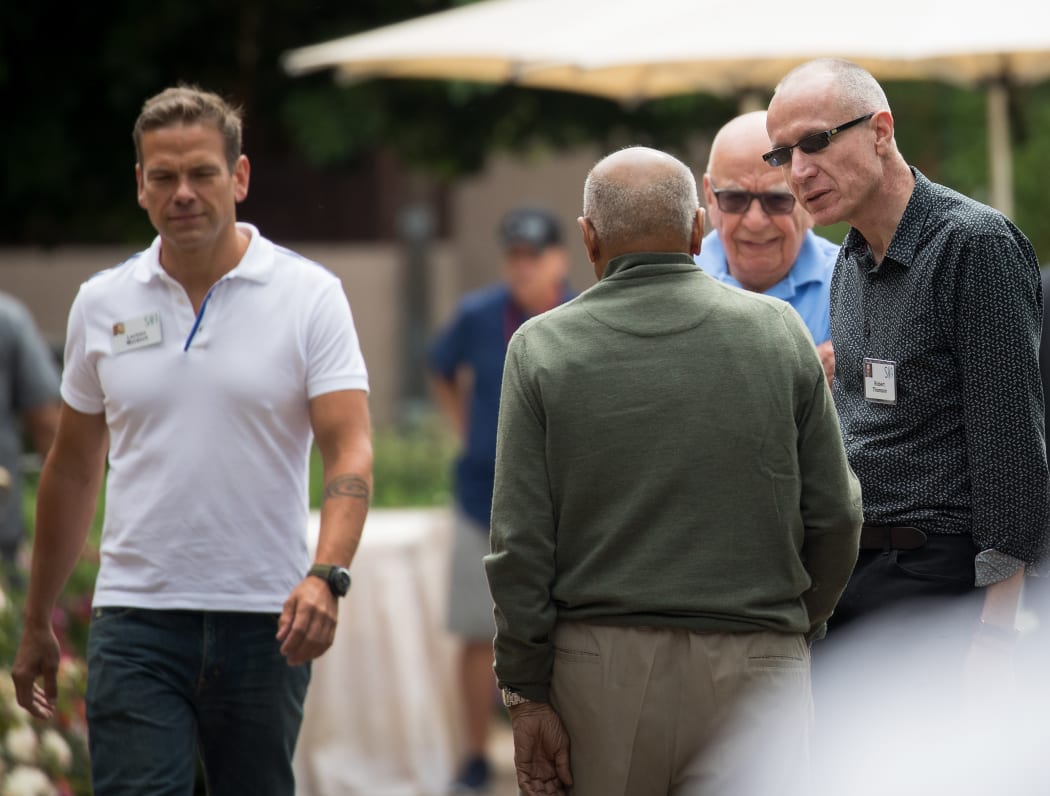 (L to R) Lachlan Murdoch, Rupert Murdoch, and Robert Thompson at the exclusive Allen & Company Sun Valley Conference.