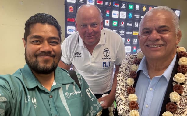 Fiji Rugby Union John Sanday, right, with new Flying Fijians head coach Jake White.