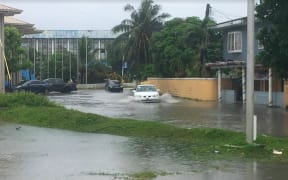 Rain in Majuro near the capital building.