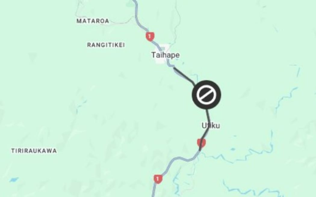 A Google maps screenshot showing the closure of State Highway 1 south of Taihape on 7 December 2024.