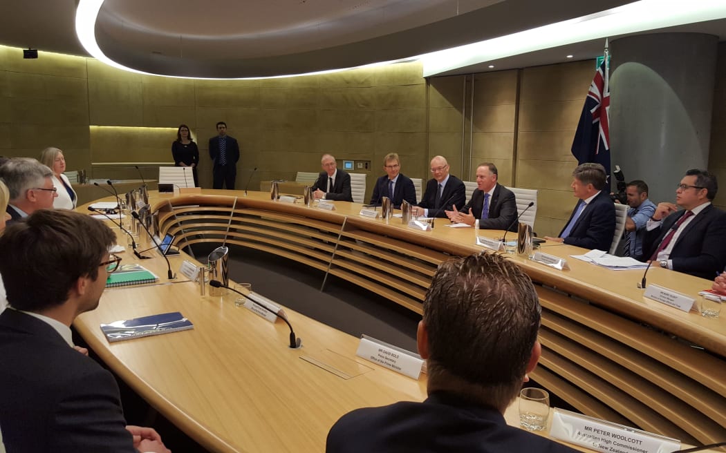 John Key, speaking, at right, as the meeting with Australian Prime Minister Malcolm Turnbull begins.
