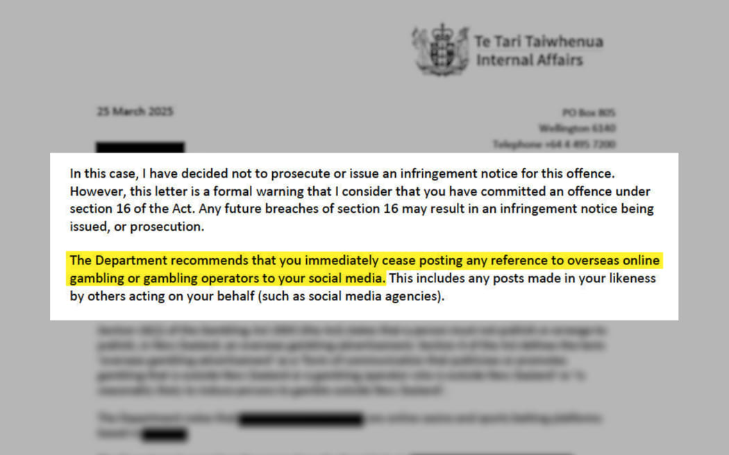 A graphic showing highlighted part of a letter from internal affairs which reads "The Department recommends that you immediately cease posting any reference to overseas online gambling or gambling operators to your social media".