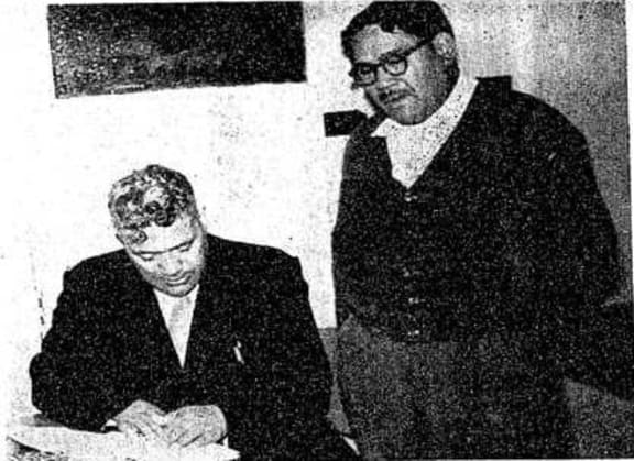 Hironi Wikiriwhi, right, who was a teacher for several years at the correspondence school in Wellington, with Col Arapeta Awatere.