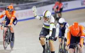 Ellesse Andrews wins the women's keirin final at the track cycling Nations Cup meet in Milton, Canada.