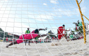 Tahiti's Heirauarii Salem scores the opening goal of their match against Vanuatu at the OFC Beach Soccer Nations Cup 2019.