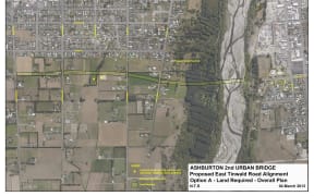 Road-Alignment-Second-Bridge-Option-A: The proposed route of the second bridge on the Tinwald side of the river. SUPPLIED
