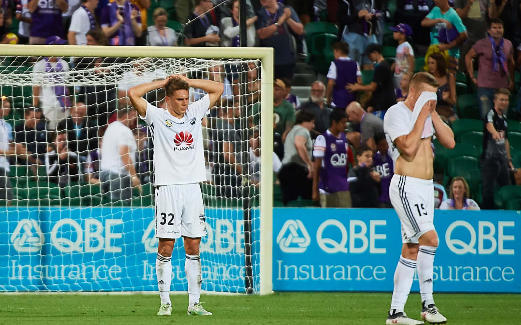 Gianni Stensness of Wellington Phoenix rues the loss on the final whistle during the A-League Match against Perth Glory 2019.