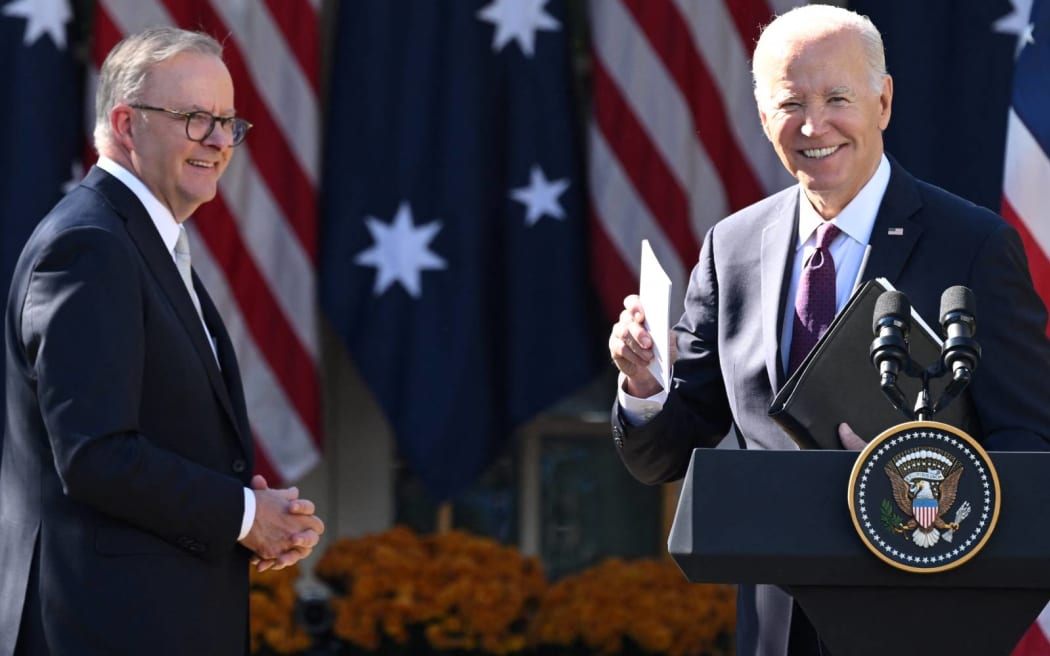US President Joe Biden and Australia's Prime Minister Anthony Albanese leave a joint press conference at the Rose Garden of the White House in Washington, DC on October 25, 2023. (Photo by SAUL LOEB / AFP)
