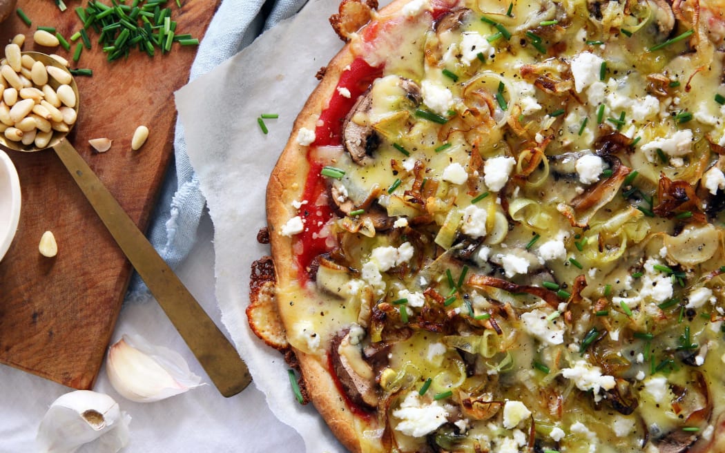 Mushroom and leek GF pizza