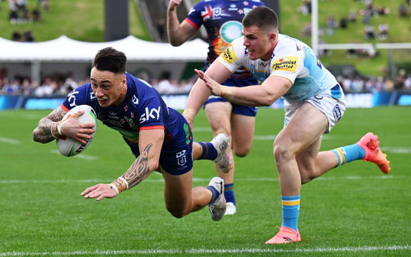 Charnze Nicoll-Kolkstad of the Warriors goes in for a try. Warriors v Titans. NRL rugby league match, ANZAC round. Telstra Premiership at Go Media Mt Smart Stadium, Auckland, New Zealand. Thursday 25 April 2024. © Photo credit: Andrew Cornaga / www.photosport.nz