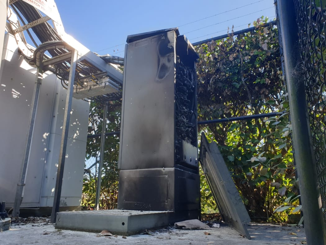 A burnt 5G cellphone tower.