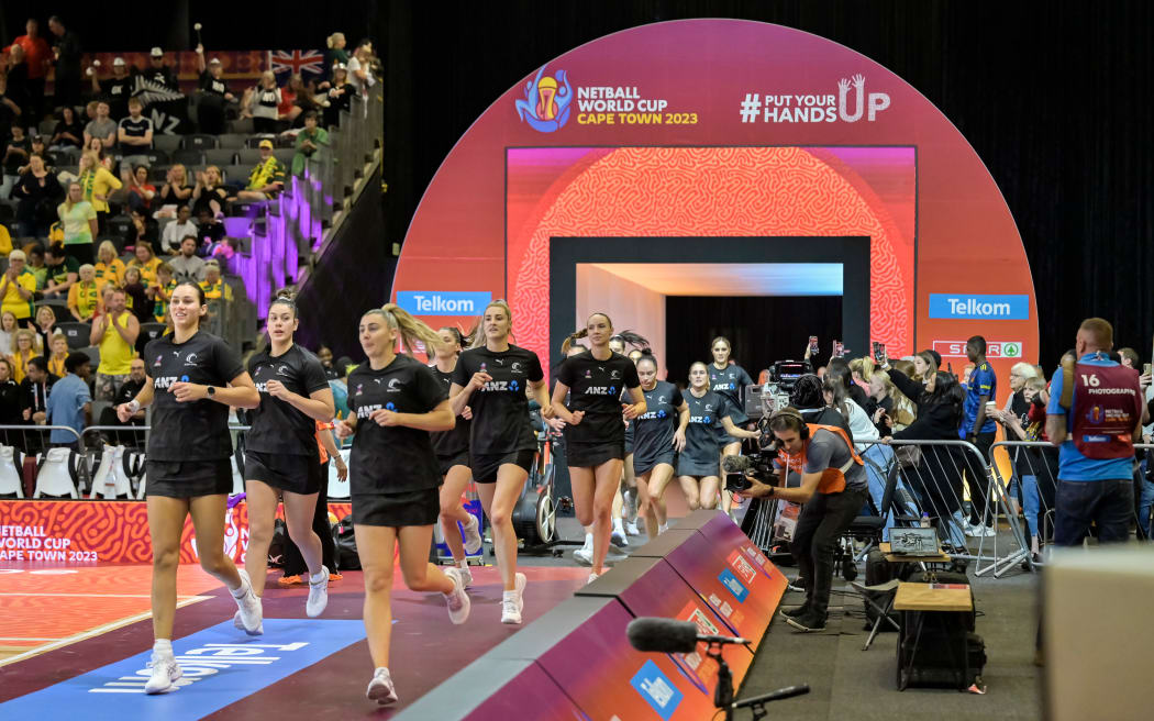 Silver Ferns run onto court before the Netball World Cup match between Jamaica and New Zealand at the CTICC in Cape Town, South Africa on Thursday, 03 August 2023. Photo: Mandatory credit: Christiaan Kotze/C&C Photo Agency