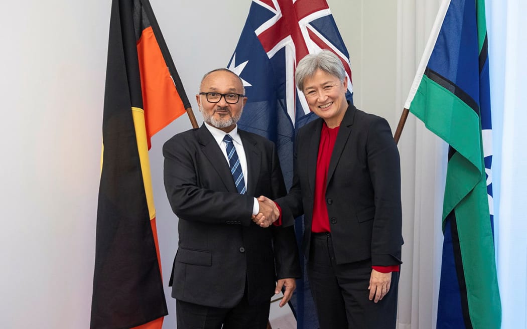 Solomon Islands PM Matthew Wale, left, and Australian Foreign Minister Penny Wong in Canberra. 3 June 2026