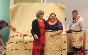 Tagaloatele Professor Peggy Fairbairn-Dunlop and 'Aulola Fuka-Lino officially launching Heilala Malu.