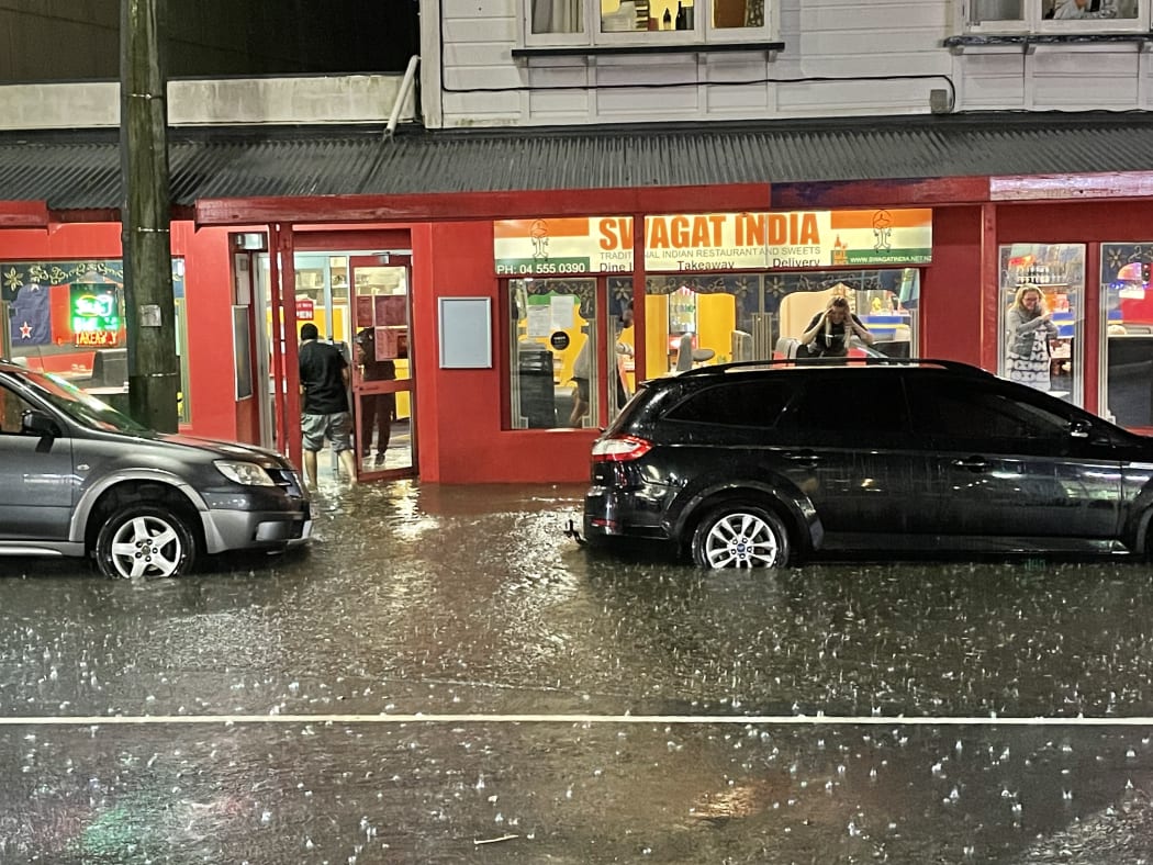 Flooding seen on a street in the Wellington suburb Brooklyn after a bout of heavy rain on 22 March, 2022.