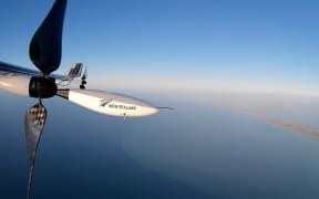 A recent Kea Aerospace flight test from Tāwhaki, with Kaitorete Spit in the background.