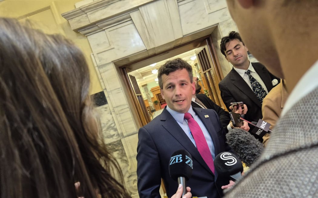 ACT Party leader David Seymour speaking on Parliament's tiles before Question Time.