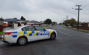 A police car near the scene of an Armed Offenders Squad call-out, Vogeltown, New Plymouth.