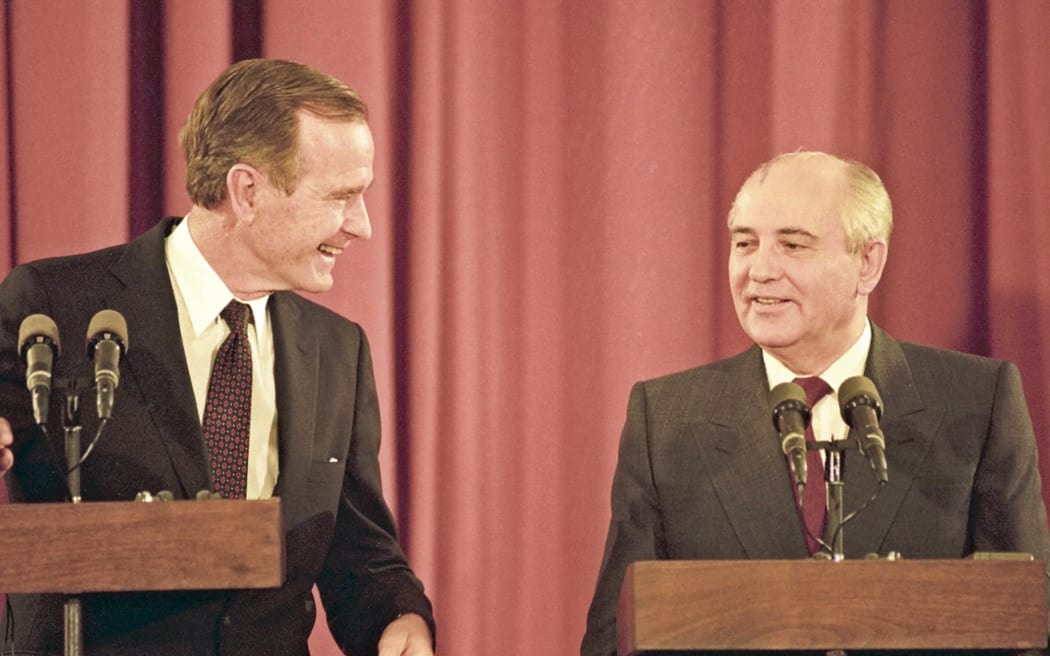 US President George Bush and Soviet President Mikhail S Gorbachev attend the Madrid Conference of 1991 in Madrid on 30 October 1991.