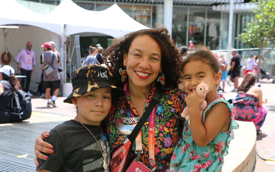 Miriam Zmiewski-Angelova (Choctaw, Cherokee descendant, Black) alongside her daughter Nitalusa (5-years-old) and son Nashoba who celebrated his 11th birthday.