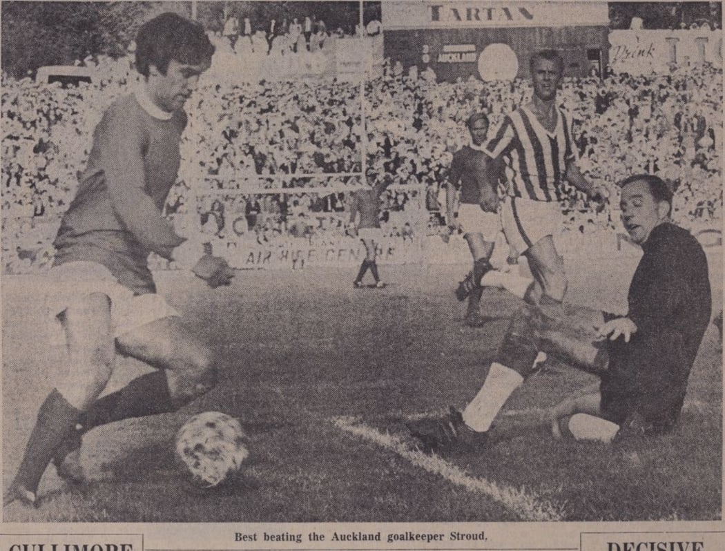 Manchester United's George Best about to score past Auckland Goalie Arthur Stroud.