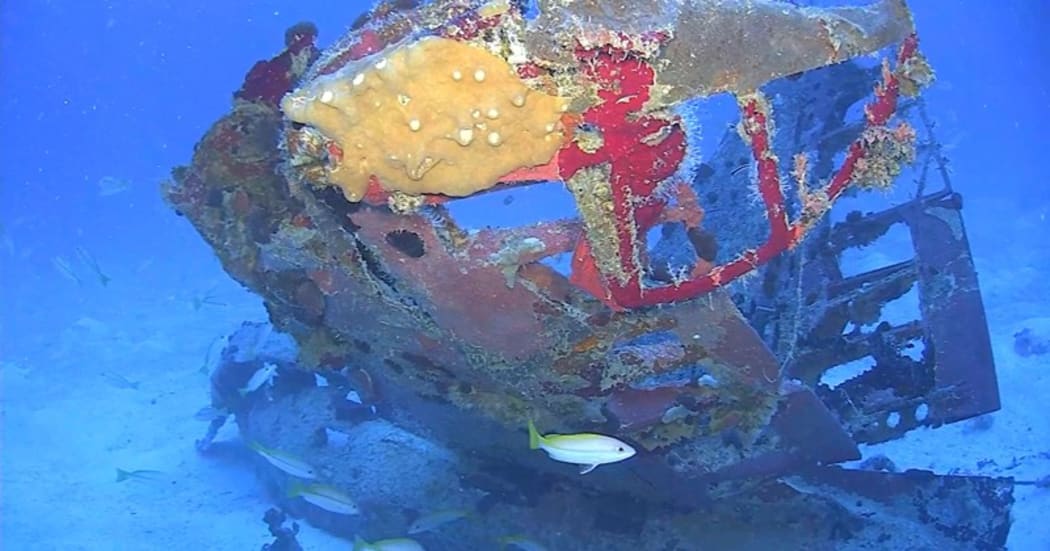 The propeller from a TBM/F-1 Avenger torpedo bomber in Truk Lagoon, as photographed by a remotely operated vehicle.