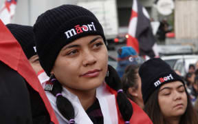 Marchers listen to speeches at Whangārei's Laurie Hall Park ahead of the hīkoi.