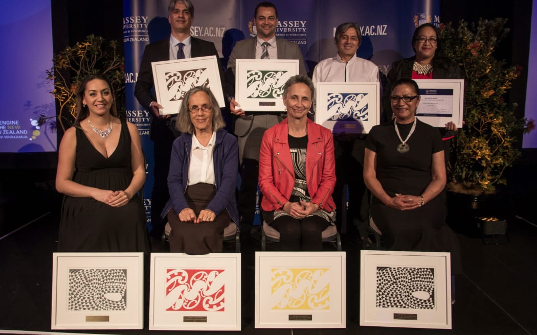 Ngā Kupu Ora Award winners (back row, from left): Dr Rangihiroa Pānoho, Scotty Morrison, Danny Keenan, Iulia Leilua; (front row, from left): Maiki Sherman, Patricia Grace, Ani Mikaere (on behalf of Jessica Hutchings) , Tini Molyneux.