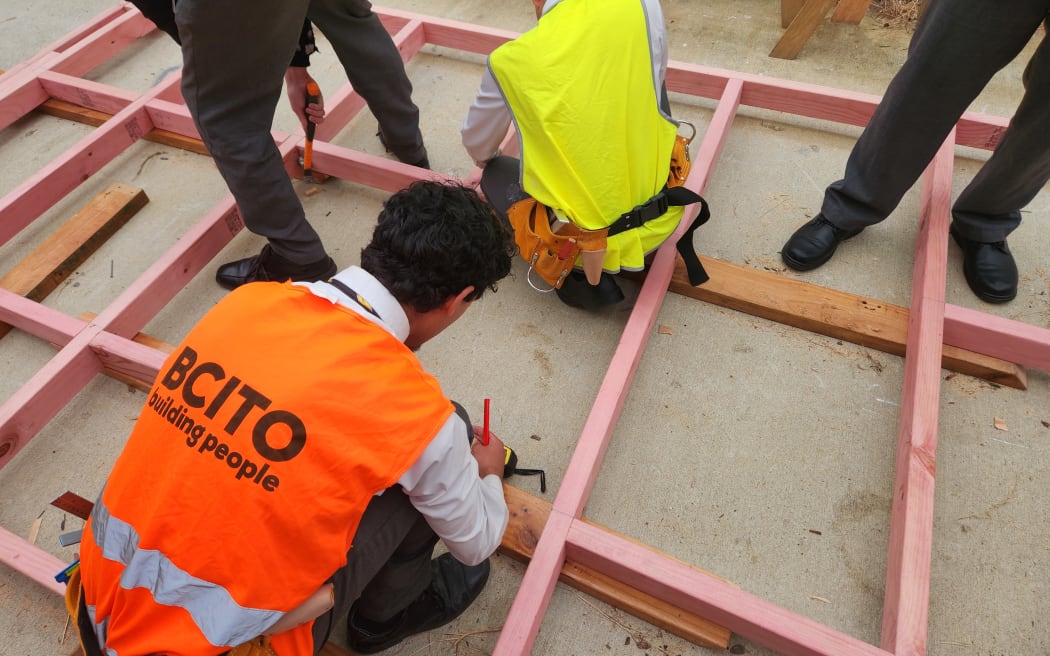 Year 13 students in a construction class at Wellington College.
