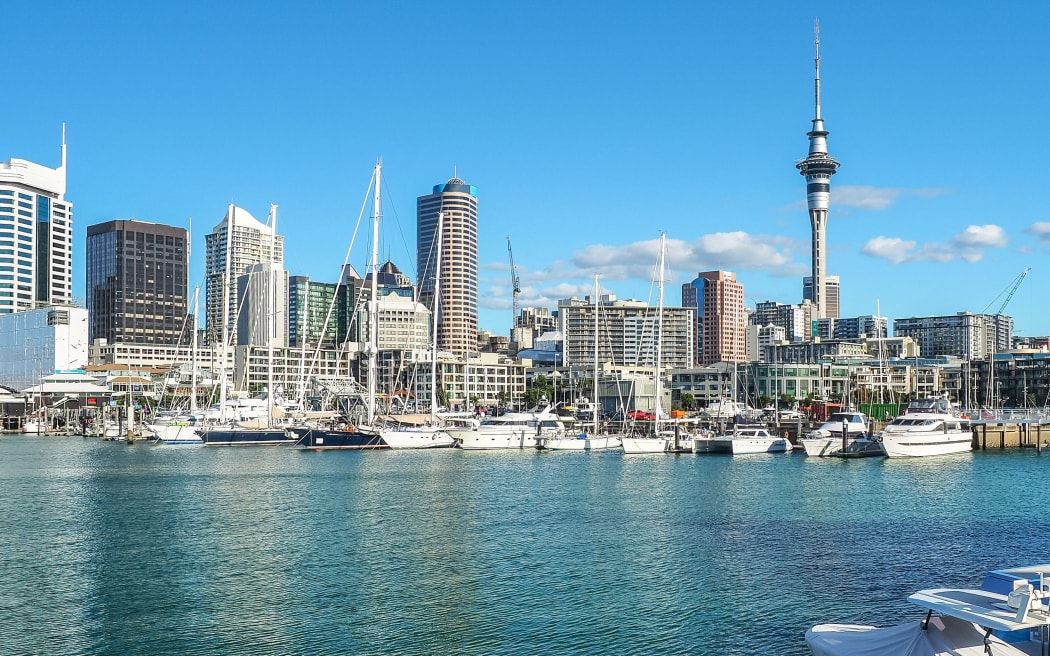 Auckland Harbor and Sky tower, the landmark in NZ Auckland skyline