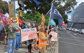 Union members protesting outside ACT Party leader David Seymour's Epsom office on 11 December 2023.