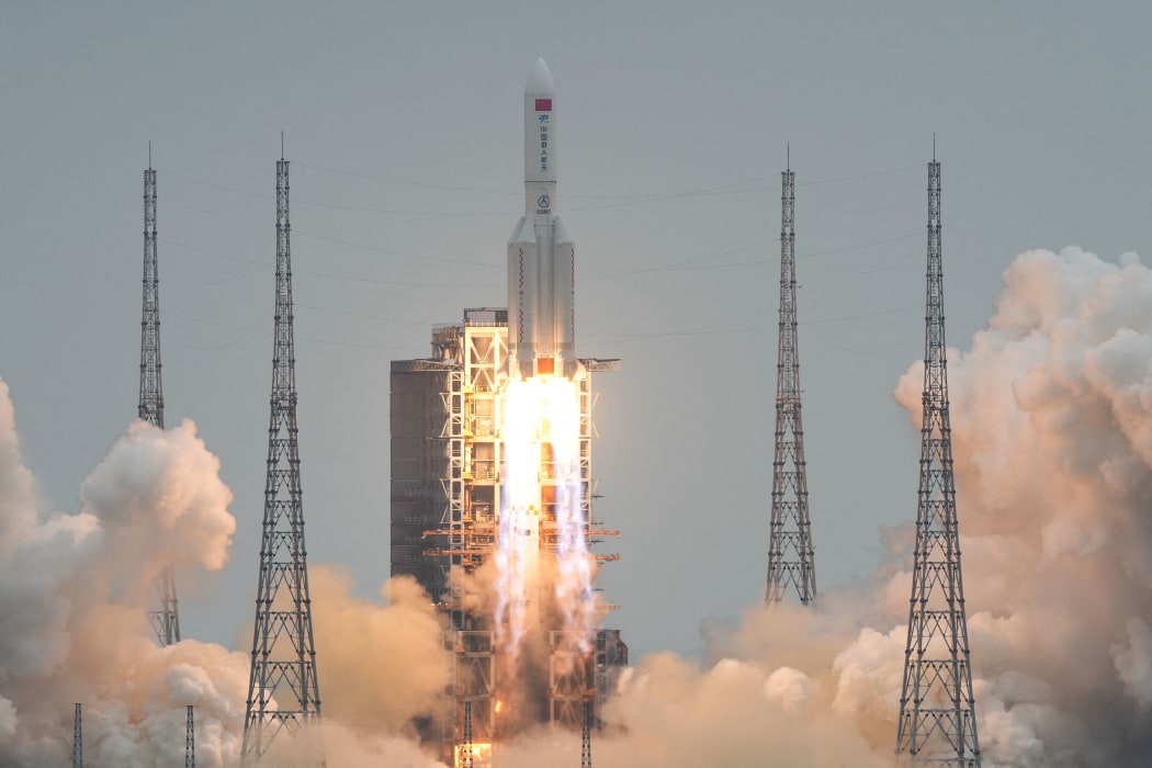 The Long March-5B Y2 rocket, carrying the Tianhe module, blasts off from the Wenchang Spacecraft Launch Site in south China's Hainan Province on 29 April, 2021.