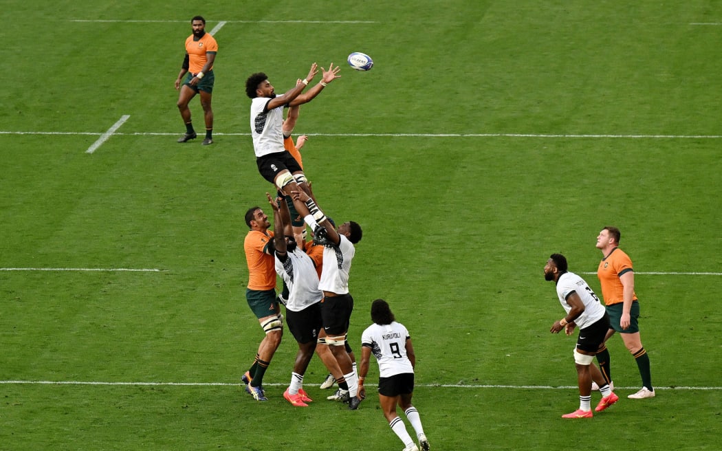 Isoa Nasilasila of Fiji contends at the lineout during the Rugby World Cup France 2023 match between Australia and Fiji at Stade Geoffroy-Guichard on September 17, 2023 in Saint-Etienne, France.