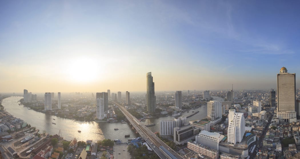 panorama view beautiful curve of chao phraya river and high building sky scrapper in heart of bangkok thailand