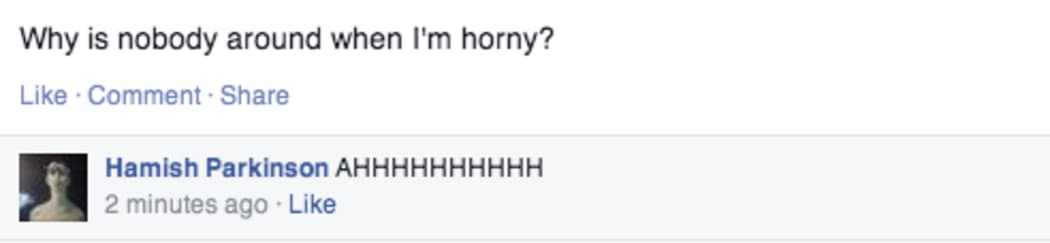 A screenshot of Hamish Parkinson's Mum posting about her being "horny", to which Hamish has replied aghast