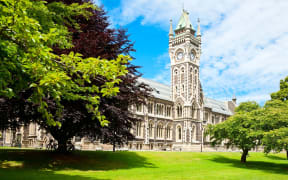Clocktower of University of Otago Registry Building in Dunedin, New Zealand.