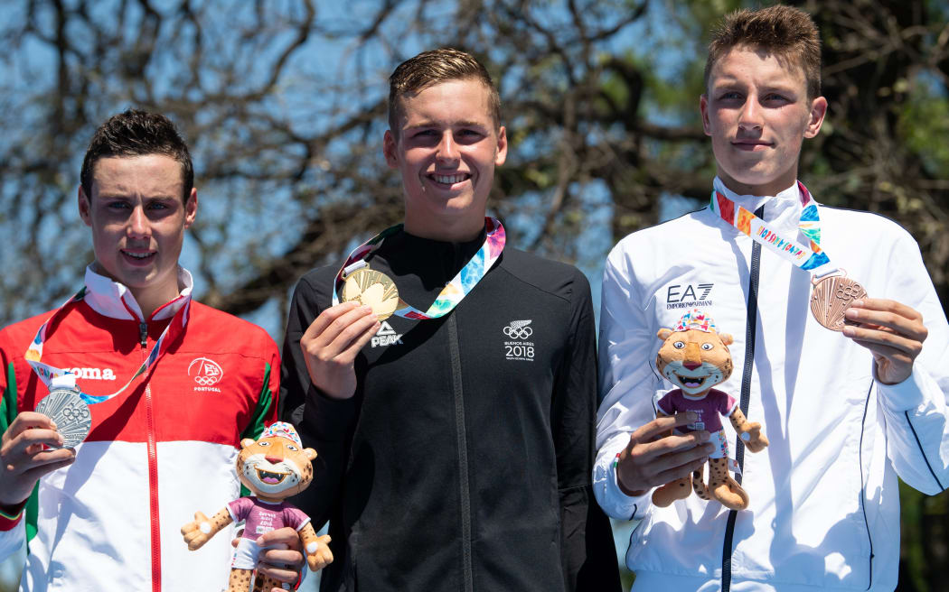 New Zealand's Dylan McCullough on the podium in Buenos Aires.