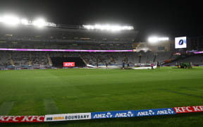 A general view with the rain covers on Eden Park.
Game 3 of the T20 cricket series between New Zealand and England at Eden Park in Auckland, New Zealand. Thursday 23 October 2025. © Photo: Andrew Cornaga / Photosport