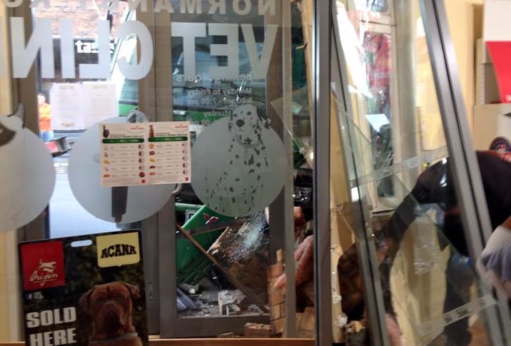 Glass doors were smashed by the impact.