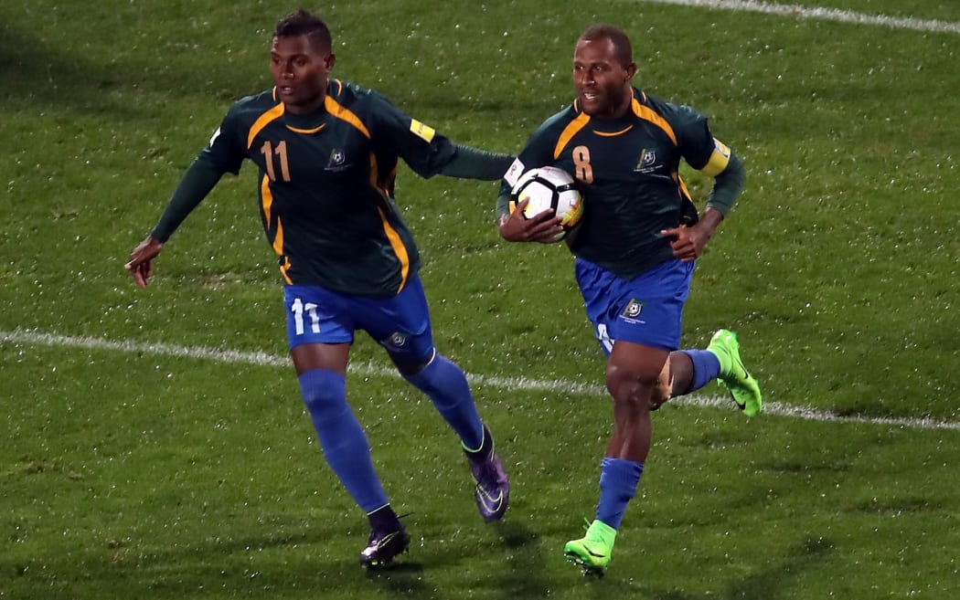 Solomon Island's Henry Fa’arodo celebrate his goal.